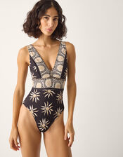 Tanya Plunge Sun Print Swimsuit, Black (BLACK), large