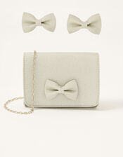 Shimmer Bow Bag and Hair Clip Set, , large
