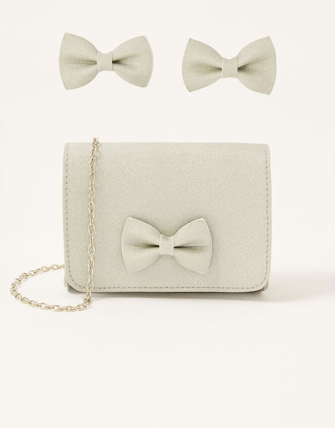 Shimmer Bow Bag and Hair Clip Set, , large