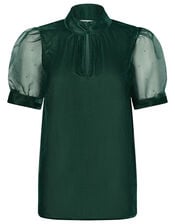 Organza Sleeve Velvet Top, Green (DARK GREEN), large