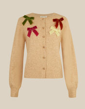 Mila Bow Embellished Crew Neck Cardigan, Natural (NATURAL), large