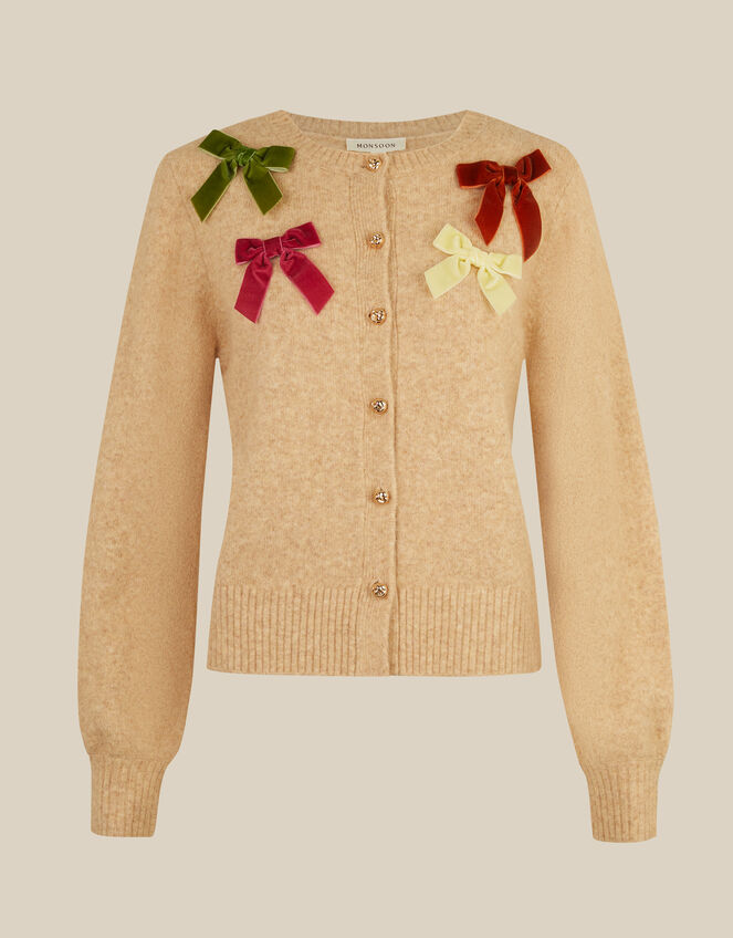 Mila Bow Embellished Crew Neck Cardigan, Natural (NATURAL), large