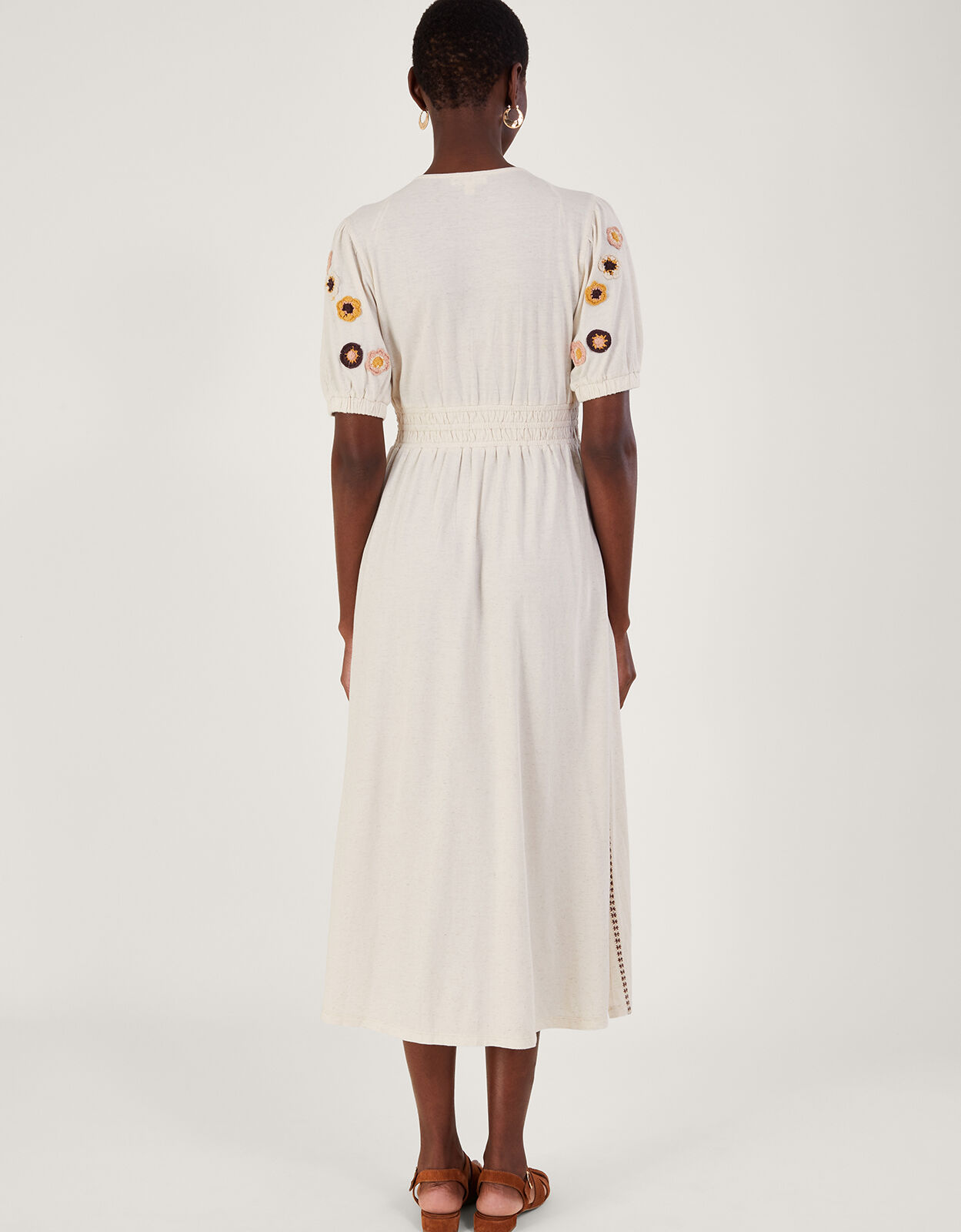 Crochet Trim Midi Dress in Linen Blend Natural