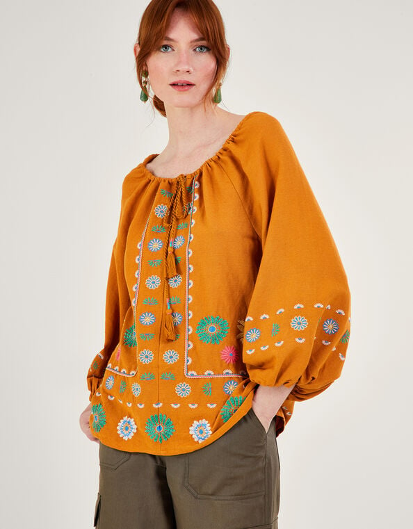 Embroidered Flower Tunic Top in Linen Blend, Yellow (YELLOW), large