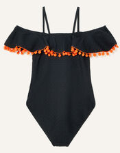 Textured Bardot Pom-Pom Swimsuit, Black (BLACK), large