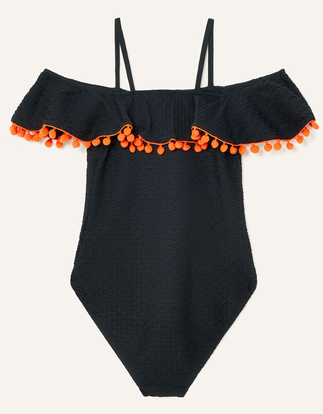 Textured Bardot Pom-Pom Swimsuit, Black (BLACK), large
