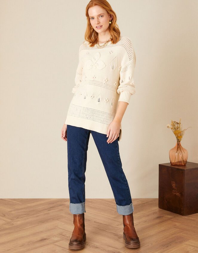 Stitch and Bobble Detailed Jumper in Recycled Cotton, Ivory (IVORY), large