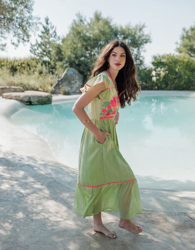 Piti Cuiti Floral Embroidered Maxi Dress, Green (GREEN), large