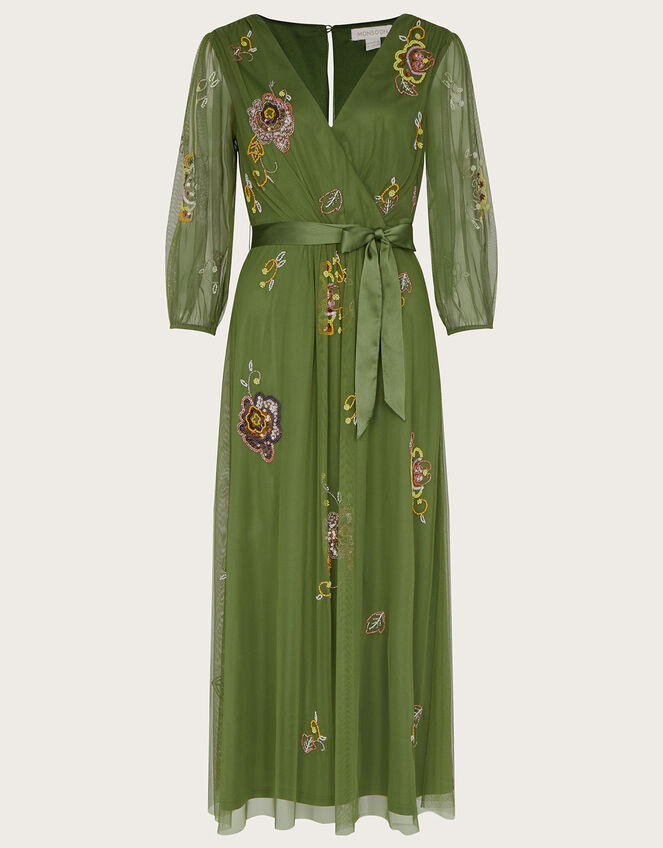 Reese Embellished Wrap Dress in Recycled Polyester, Green (GREEN), large