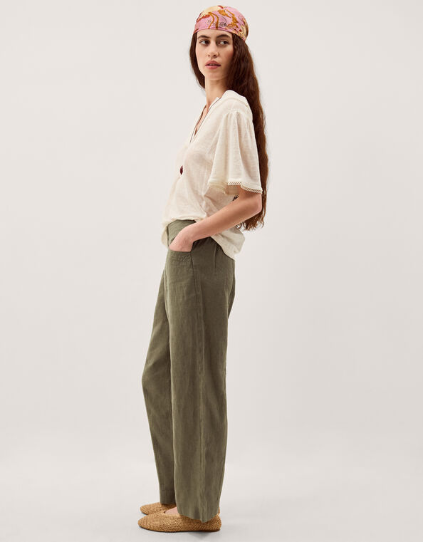 Lucy Short Straight Leg Linen Trousers, Green (KHAKI), large