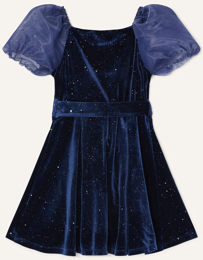 Puff Sleeve Sparkle Velvet Dress, Blue (NAVY), large