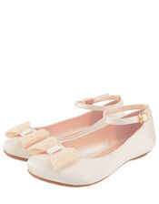 Blush Pearl Bow Satin Ballerina Shoes, Natural (CHAMPAGNE), large