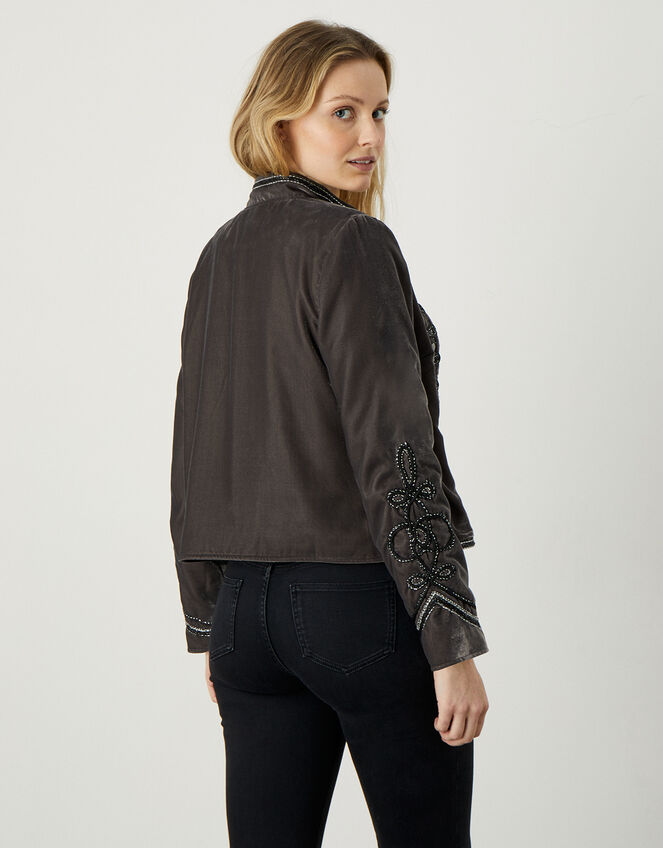 Vicki Embroidered Velvet Military Jacket, Grey (GREY), large