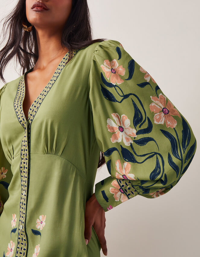 Belle Floral Blouson Midi Dress, Green (GREEN), large