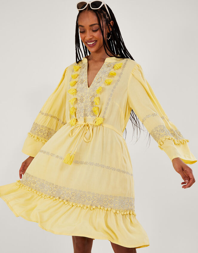 Embroidered Pom-Pom Kaftan Dress, Yellow (YELLOW), large
