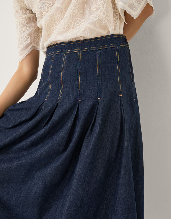 Darcie Pleated Denim Midi Skirt, Blue (INDIGO), large