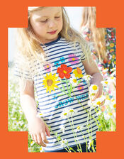 Frugi Embroidered Stripe T-Shirt, Blue (NAVY), large