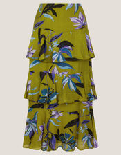 Sonya Floral Print Frill Midi Skirt, Green (KHAKI), large