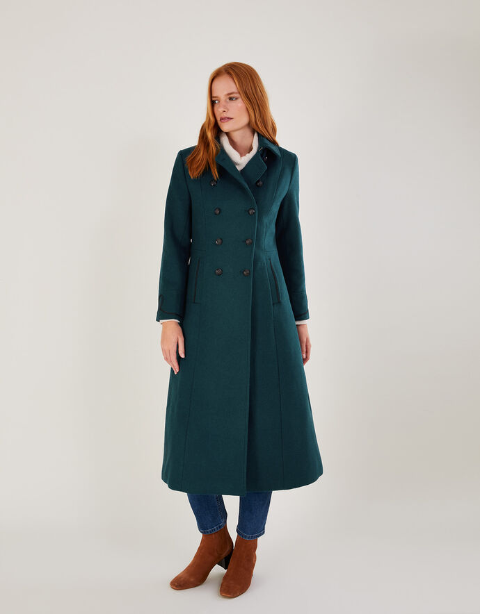 Minnie Military Long Coat in Wool Blend Teal Women's Coats Monsoon UK.