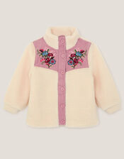 Floral Embroidered Faux Shearling Jacket, Ivory (IVORY), large