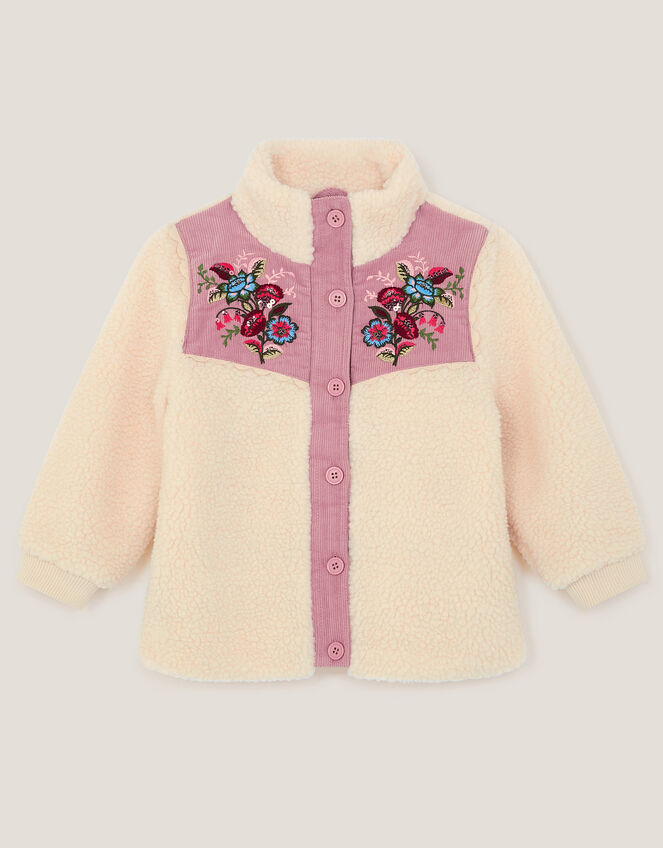 Floral Embroidered Faux Shearling Jacket, Ivory (IVORY), large