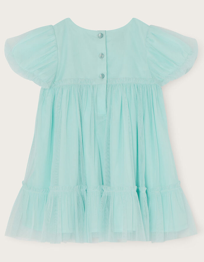 Babyhug Woven Frill Sleeves Mesh Party Dress with Sequin Detailing & Bow Applique - Light Blue main image 1