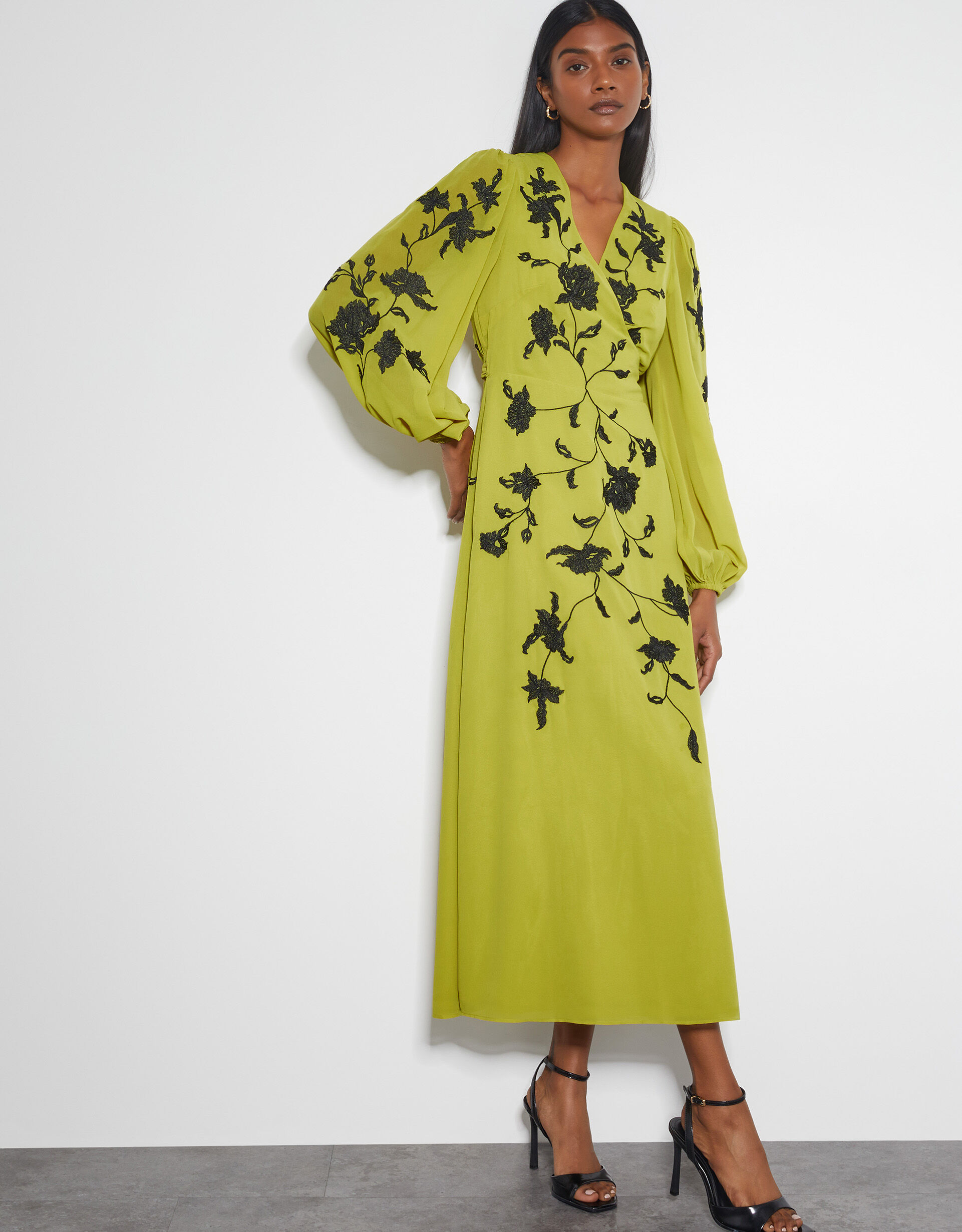 Willa Floral Embroidered Midi Wrap Dress Green
