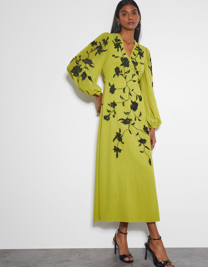 Willa Floral Embroidered Midi Wrap Dress, Green (CHARTREUSE), large