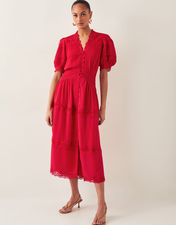 Kiana Pintuck Puff-Sleeve Midi Dress, Red (RED), large