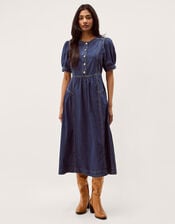 Eliza Puff Sleeve Denim Midi Dress, Blue (MID AUTHENTIC BLUE), large
