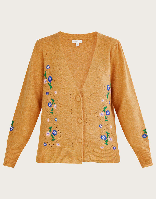 Floral Embroidered Bobble Cardigan with Recycled Polyester, Yellow (OCHRE), large