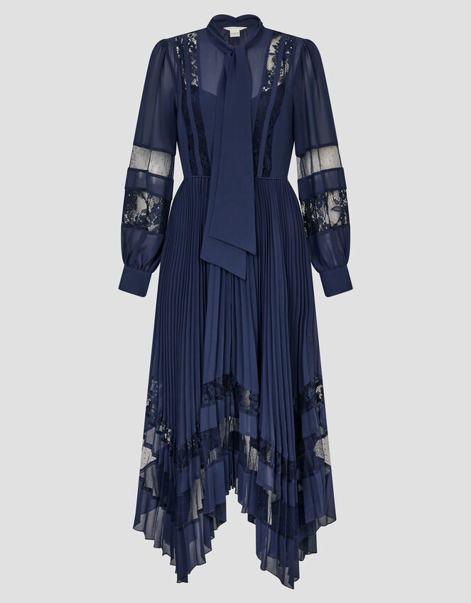Florence Lace Insert Pleated Midi Dress, Blue (NAVY), large