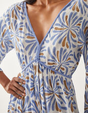Cece V-Neck Woodblock Print Midi Dress, Blue (BLUE), large