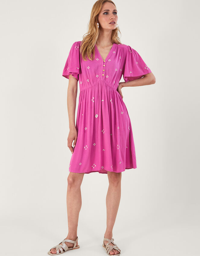 Embroidered Crinkle Short Dress in LENZING™ ECOVERO™ Pink Day Dresses