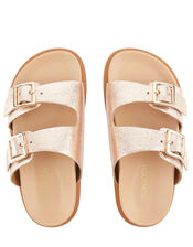 Metallic Buckle Sandals, Gold (ROSE GOLD), large