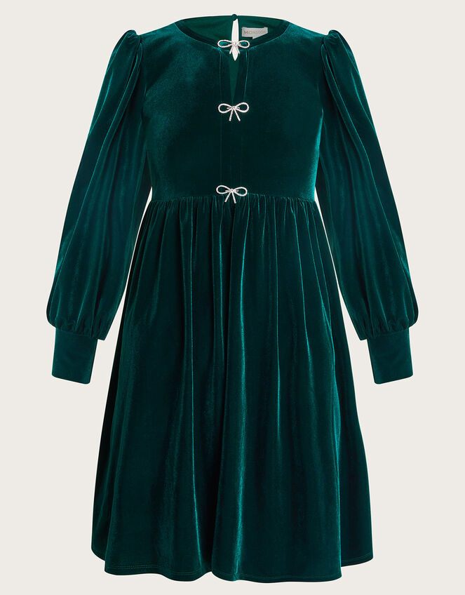 Evie Velvet Bow Dress, Green (GREEN), large