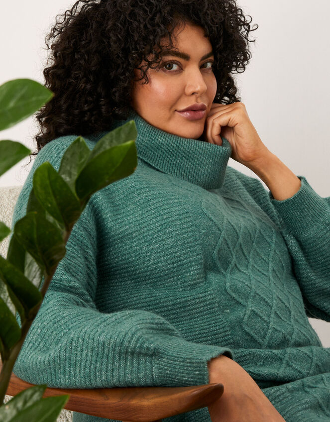 Cable Cowl Longline Dress, Green (KHAKI), large