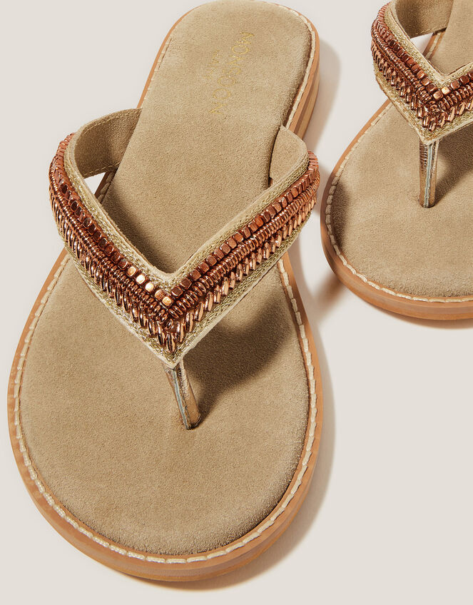 Sia Beaded Leather Flip Flop Sandals, Bronze (BRONZE), large