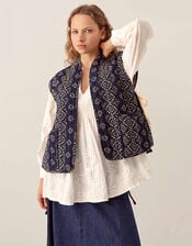 East Celine Printed Textured Cotton Gilet, Blue (NAVY), large
