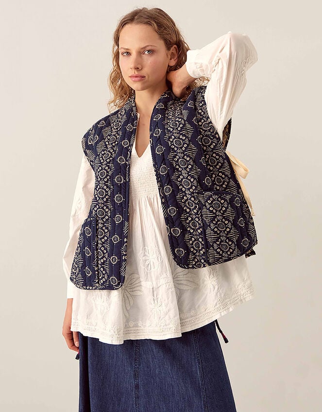 East Celine Printed Textured Cotton Gilet, Blue (NAVY), large