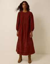 Joyce Embroidered Corduroy Midi Dress, Brown (COGNAC), large