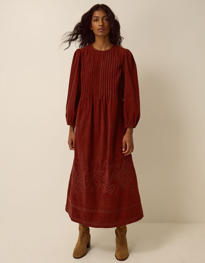 Joyce Embroidered Corduroy Midi Dress, Brown (COGNAC), large
