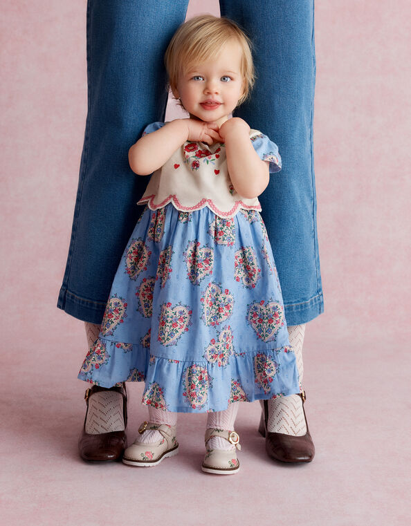 Baby Heart Print Embroidered Panel Dress, Blue (BLUE), large