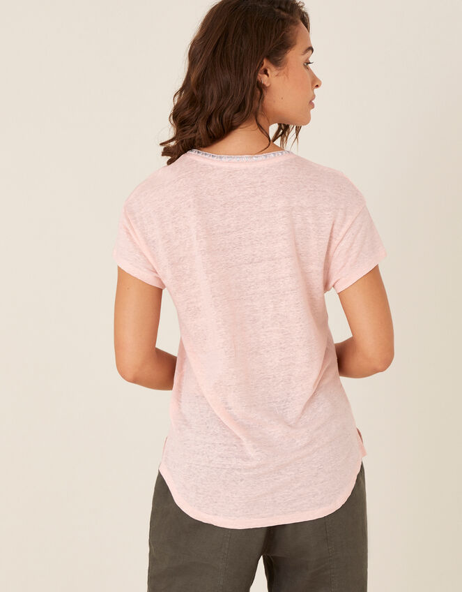 Embroidered Neck T-Shirt in Pure Linen, Pink (BLUSH), large