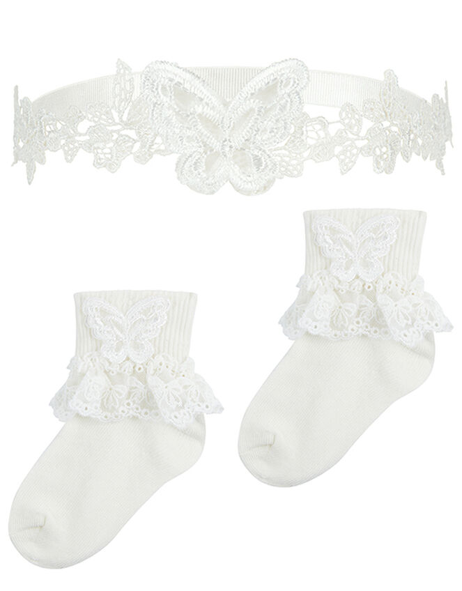 Baby Lacey Butterfly Sock and Bando Set, Ivory (IVORY), large