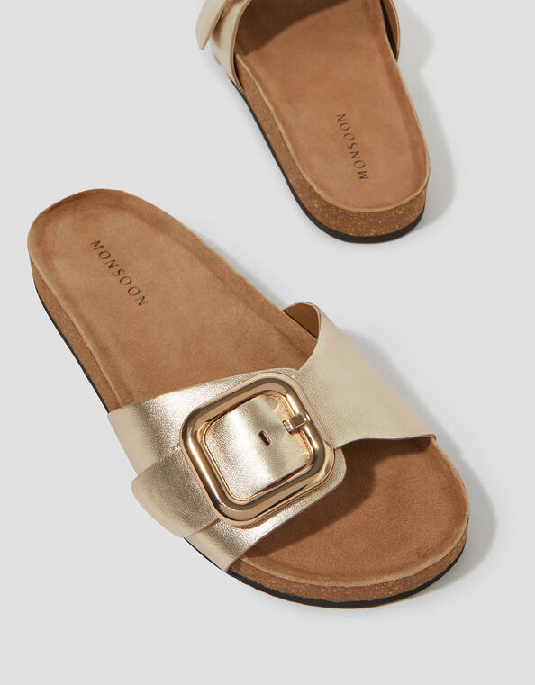 Cecil Metallic Leather Slide Sandals, Gold (GOLD), large