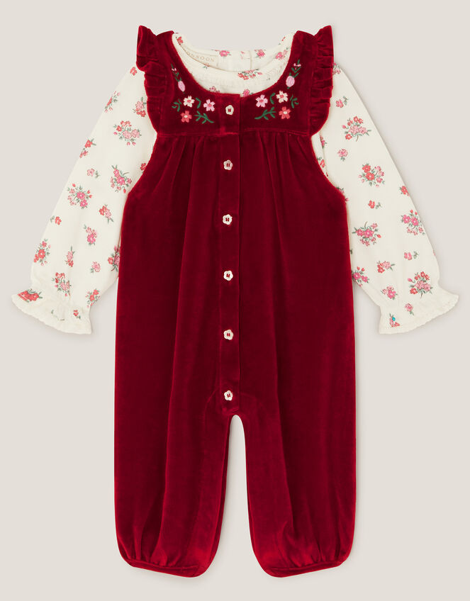 Newborn Floral Top & Velour Dungarees Set, Red (RED), large