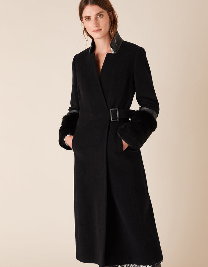 Faux Fur Cuff Maxi Coat in Wool Blend, Black (BLACK), large