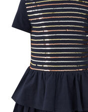 Sequin Stripe Tiered Jersey Dress, Blue (NAVY), large