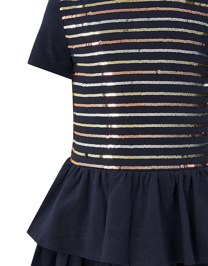 Sequin Stripe Tiered Jersey Dress, Blue (NAVY), large